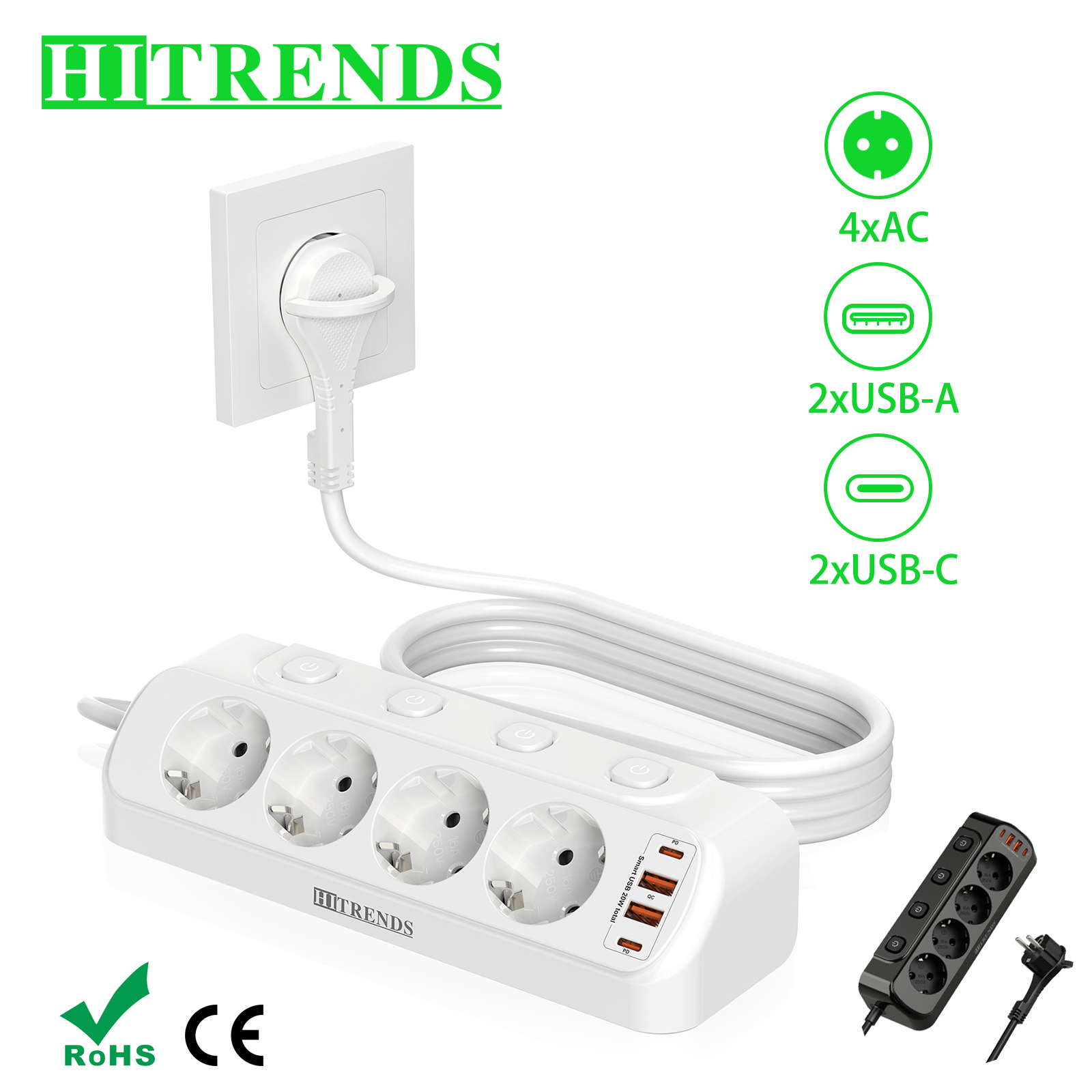 Power Strip Flat - European Desktop Socket multi-contact Power Strip